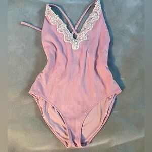 Pink deep V one piece swimsuit